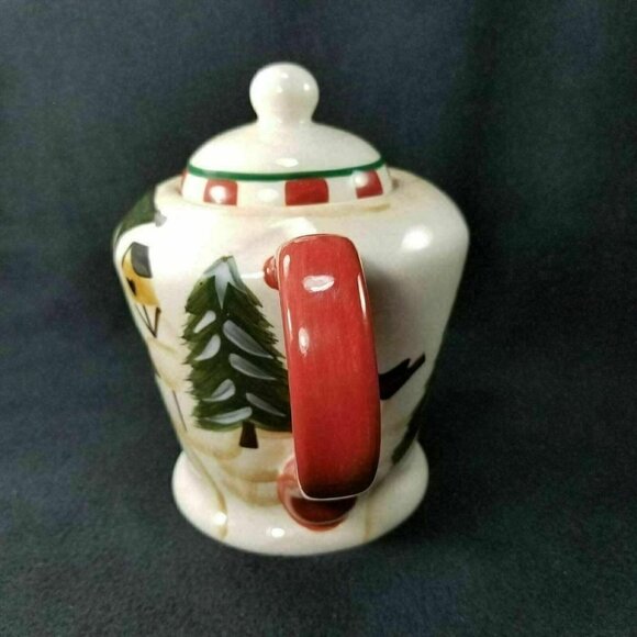 Crazy Mountain Snowman Teapot Trees Birds Birdhouse Red Handle and Spout - Picture 2 of 7